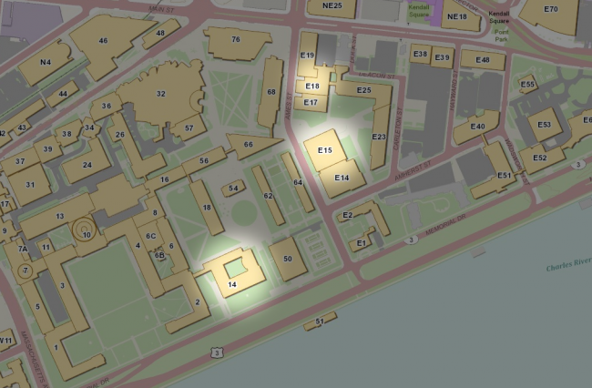 Campus map with highlighted buildings