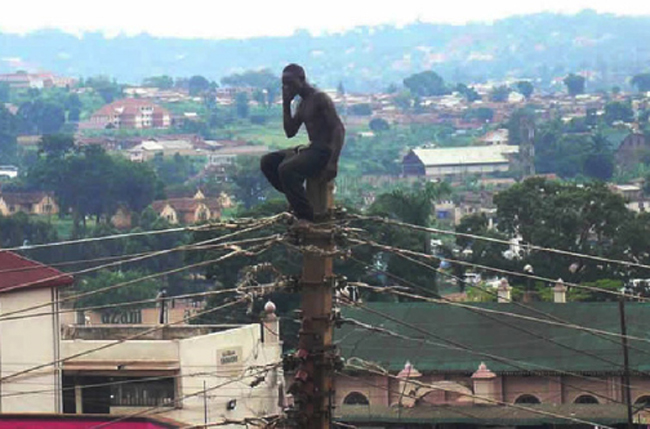 Man sitting atop phone pole, speaking on mobile phone