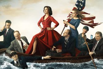 Poster of cast from Veep, like Washington cross the Delaware