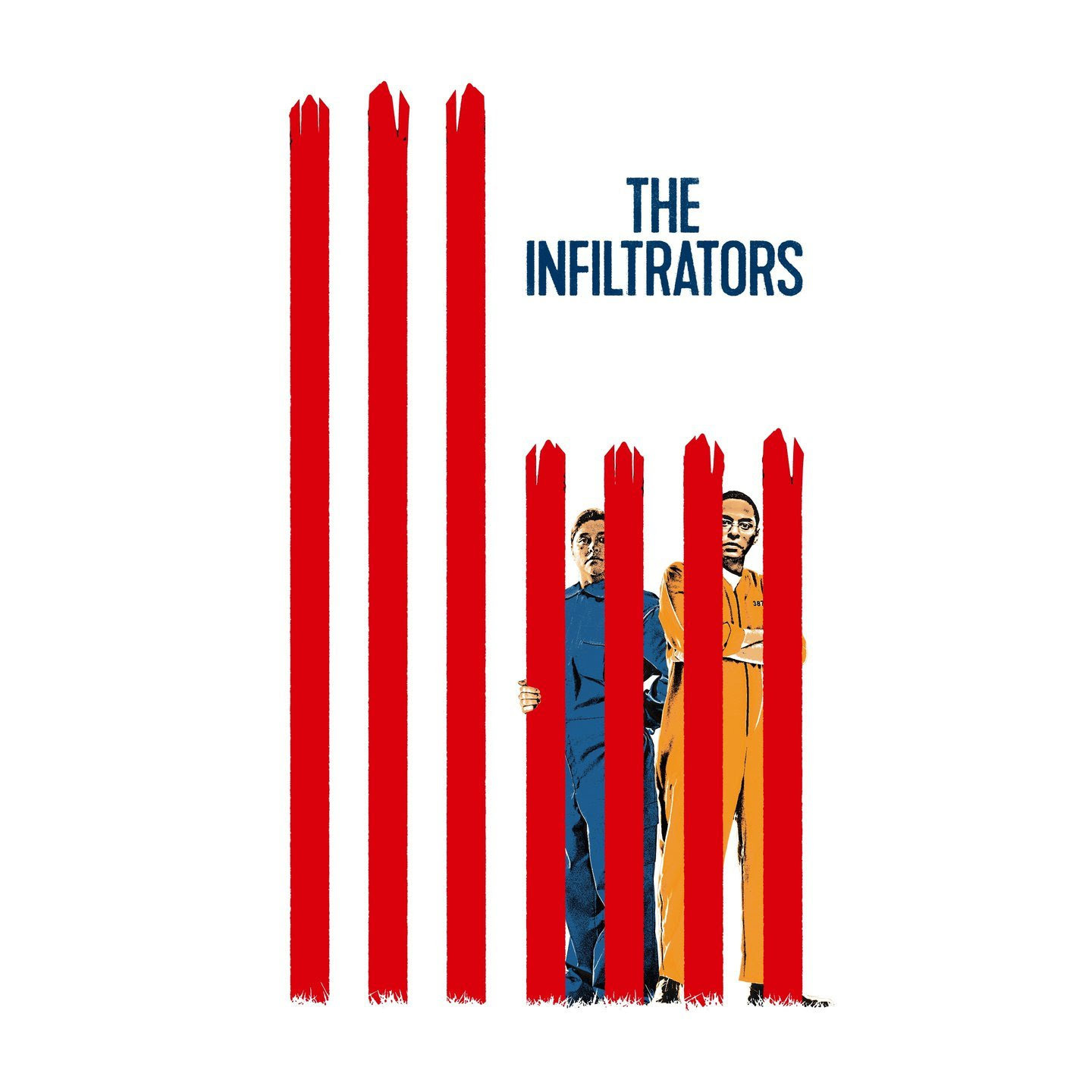 Poster from "The Infiltrators" showing two main characters behind red stylized bars, vertical to resemble the American flag.