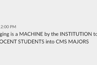 A Slack message reading blogging is a MACHINE by the INSTITUTION to transform INNOCENT STUDENTS into CMS MAJORS