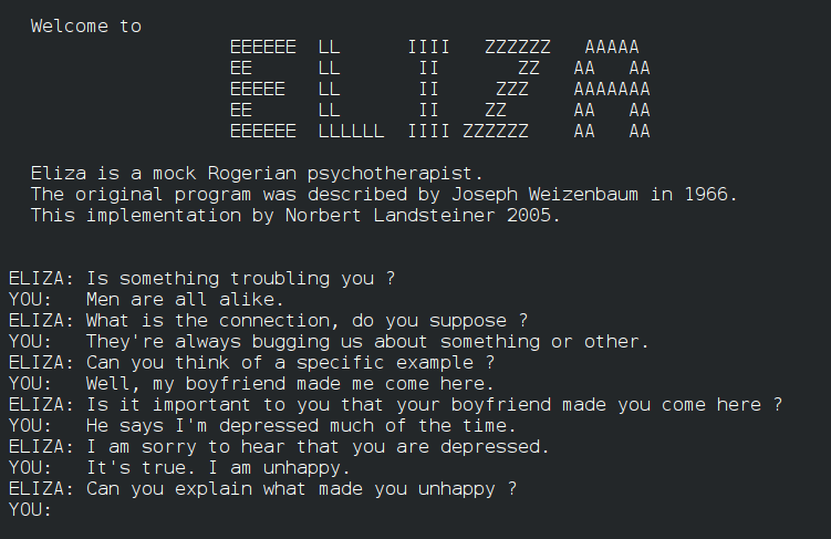 A computer screen image showing a mock psychotherapist conversation with the ELIZA chatbot.