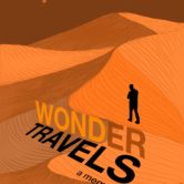 Book cover for Wonder Travels showing a small figure in silhouette walking across sand dune ridges.