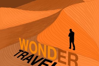 Book cover for Wonder Travels showing a small figure in silhouette walking across sand dune ridges.