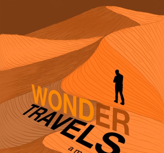 Book cover for Wonder Travels showing a small figure in silhouette walking across sand dune ridges.