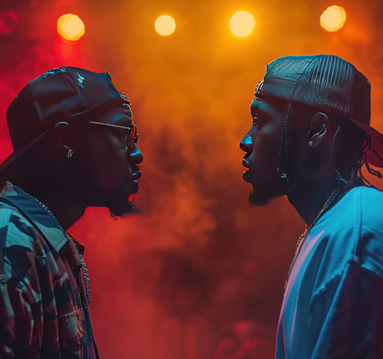 Two rappers engaged in a battle rap in the middle of the empty stadium stage